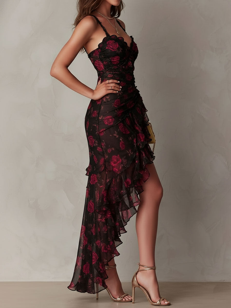 Chic Black And Red Floral Ruched Ruffle Hem Dress - Elena Harper