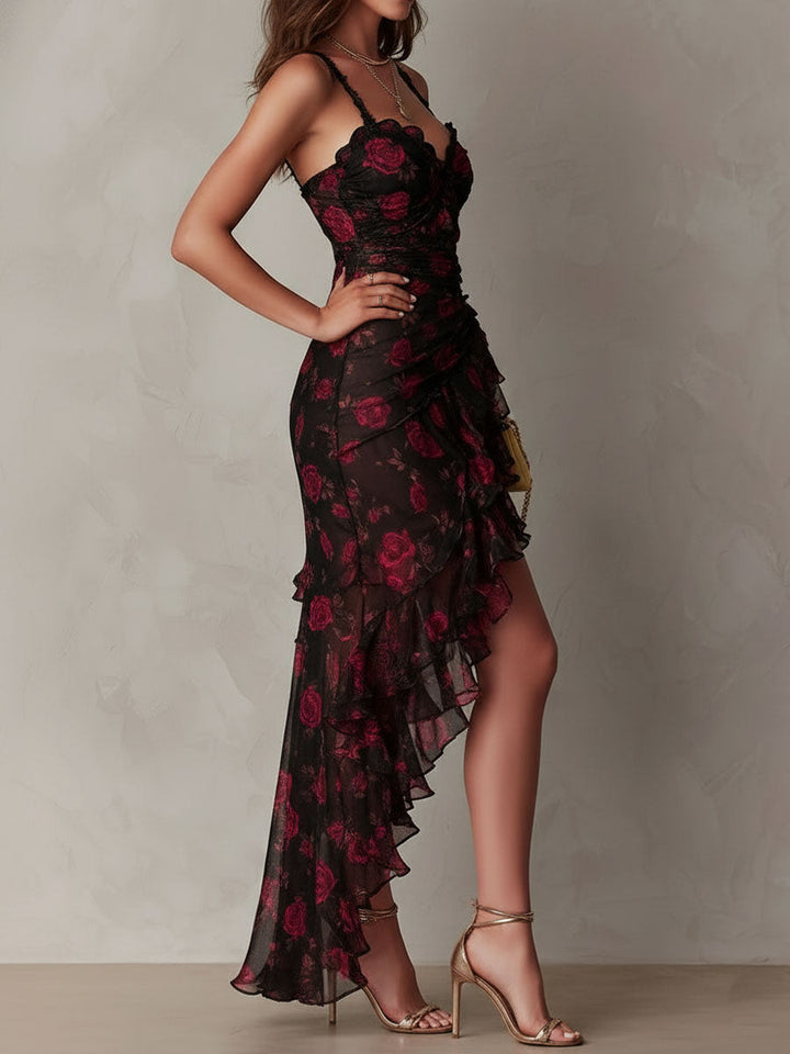 Chic Black And Red Floral Ruched Ruffle Hem Dress - Elena Harper