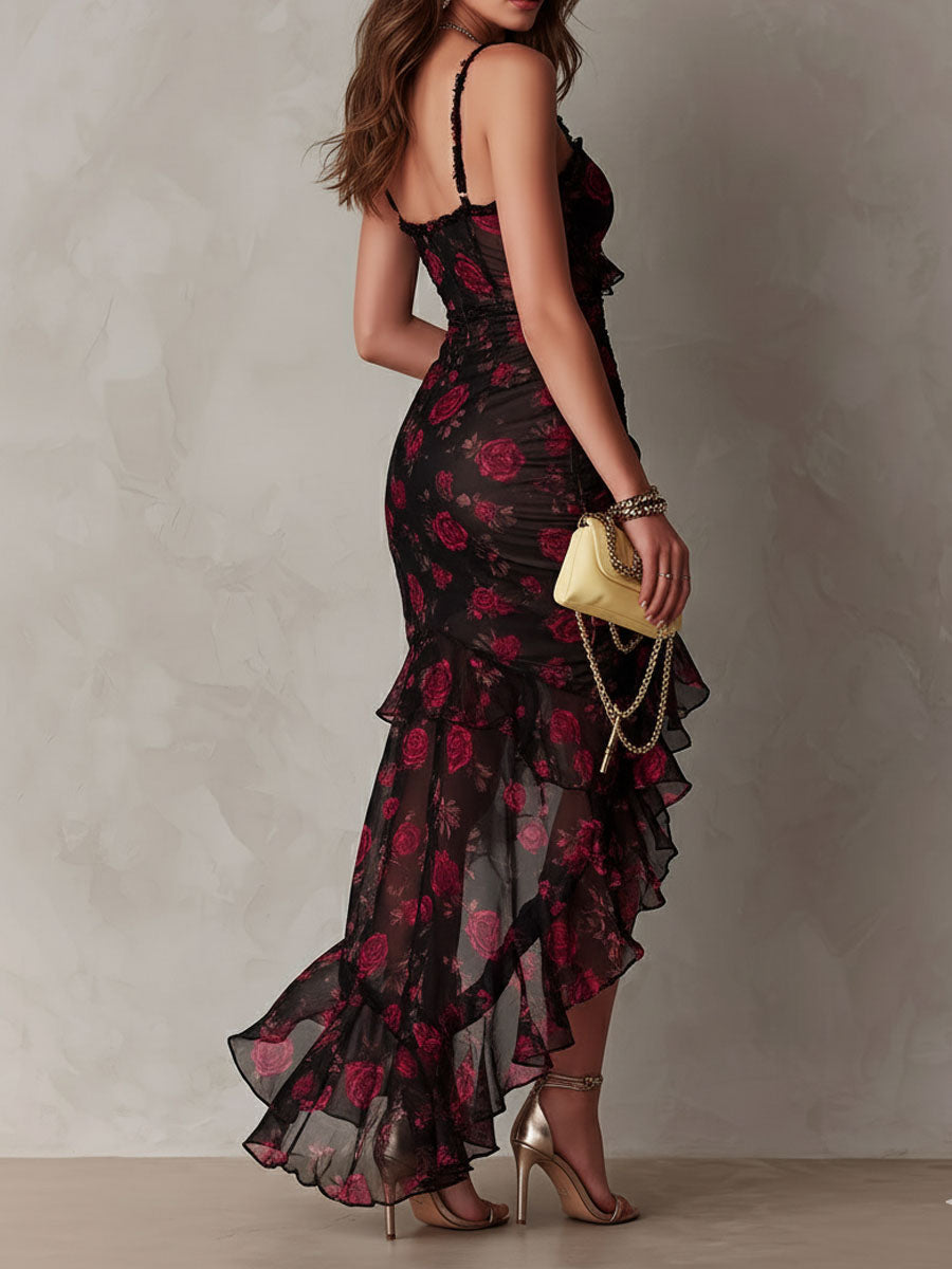Chic Black And Red Floral Ruched Ruffle Hem Dress - Elena Harper