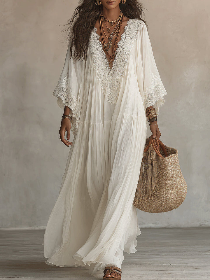 White Lace V-neck Batwing Sleeve Boho Chiffon Maxi Dress