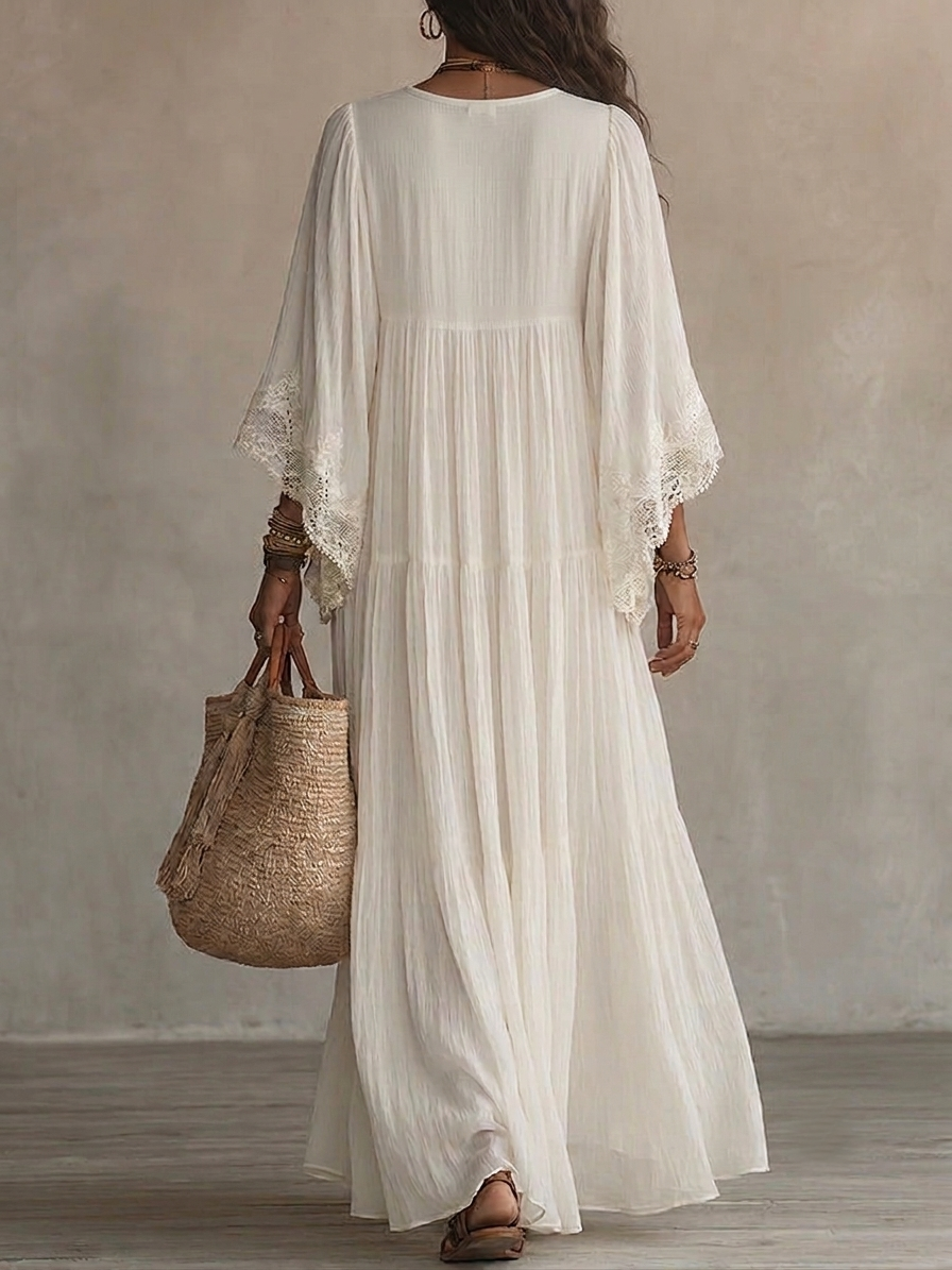 White Lace V-neck Batwing Sleeve Boho Chiffon Maxi Dress