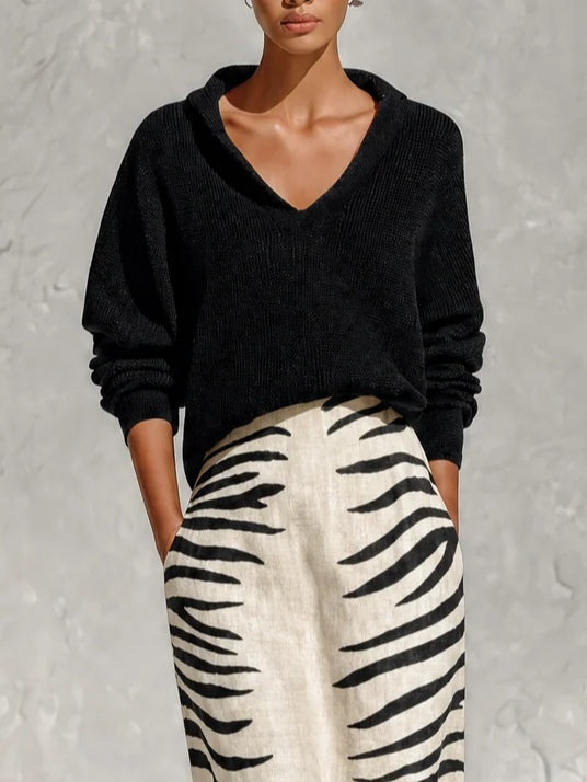 Aelyra Soft-Touch Knit Jumper & Linen Zebra-Print Midi Skirt Set - Elena Harper