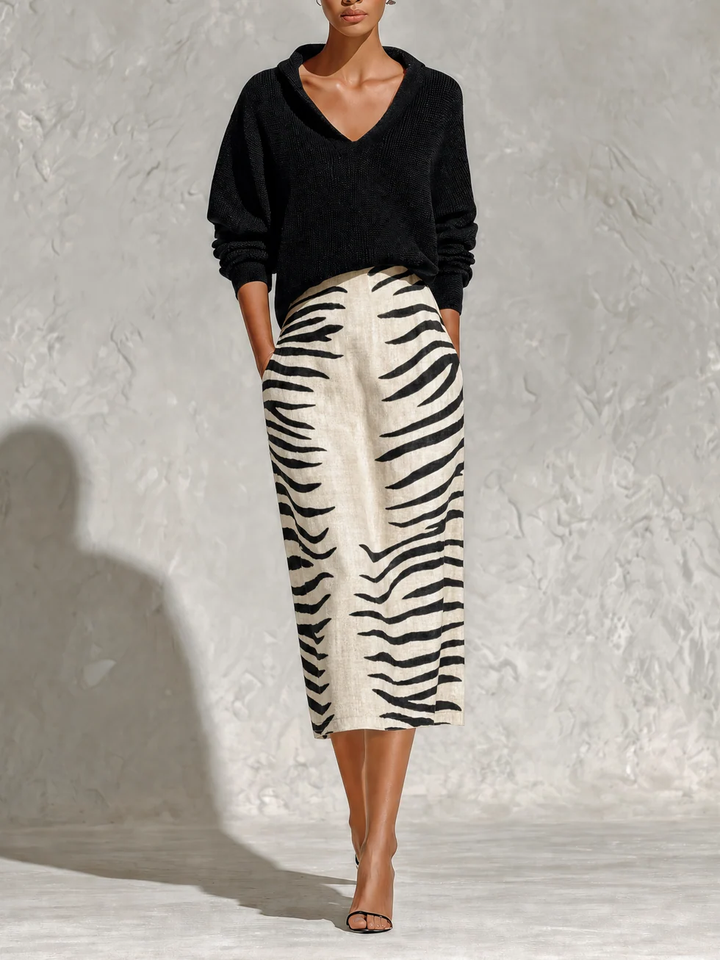 Aelyra Soft-Touch Knit Jumper & Linen Zebra-Print Midi Skirt Set - Elena Harper