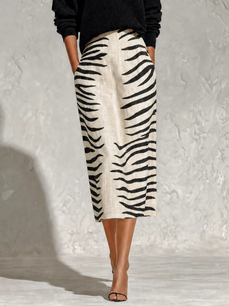 Aelyra Soft-Touch Knit Jumper & Linen Zebra-Print Midi Skirt Set - Elena Harper