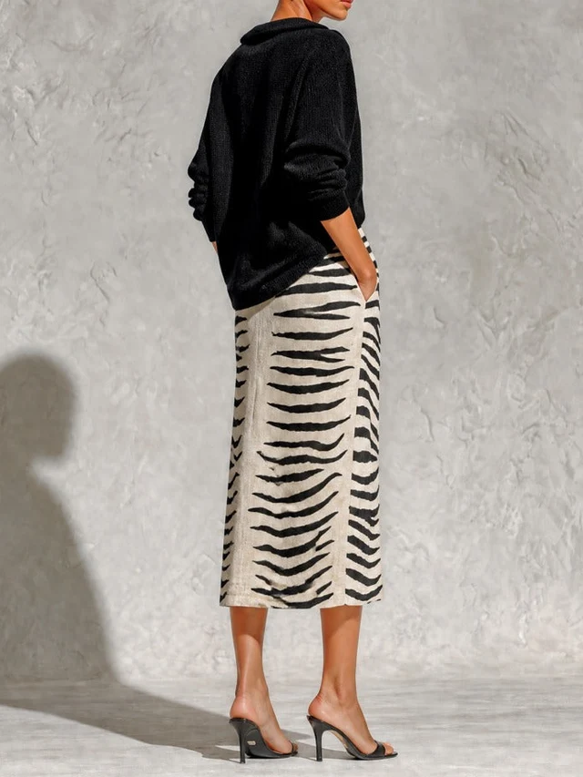 Aelyra Soft-Touch Knit Jumper & Linen Zebra-Print Midi Skirt Set - Elena Harper