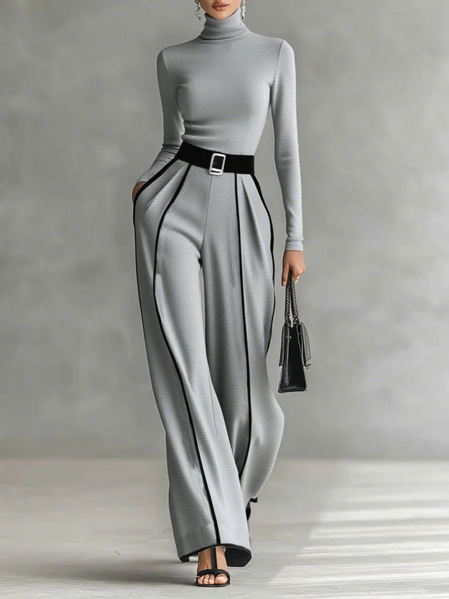 Karyssa - Turtle Neck Top and Wide-Leg Pants with Belt