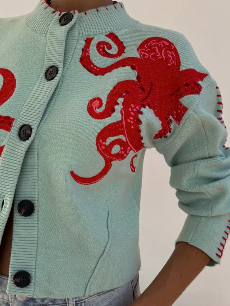 Women's Octopus Pattern Knit Cardigan – Cozy and Unique Casual Style