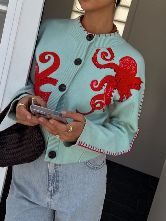 Women's Octopus Pattern Knit Cardigan – Cozy and Unique Casual Style
