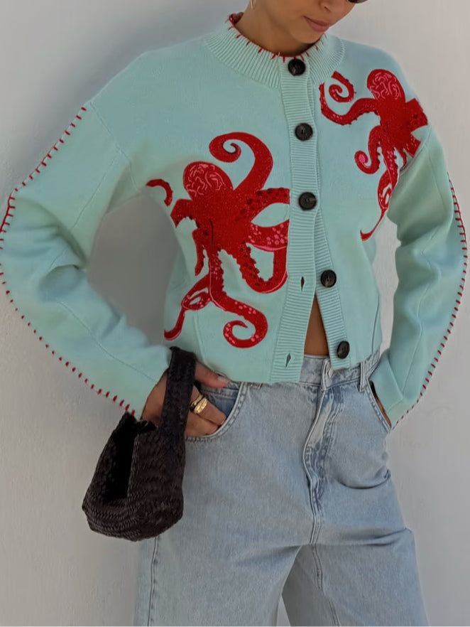 Women's Octopus Pattern Knit Cardigan – Cozy and Unique Casual Style