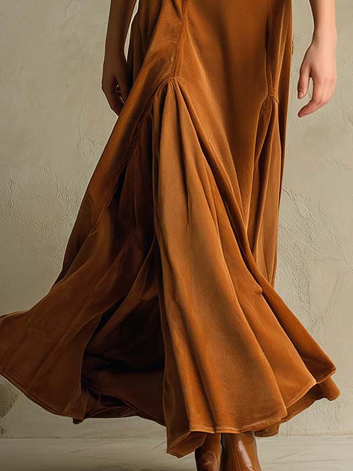 Elegant Long Brown Velvet Dress with Retro Collar