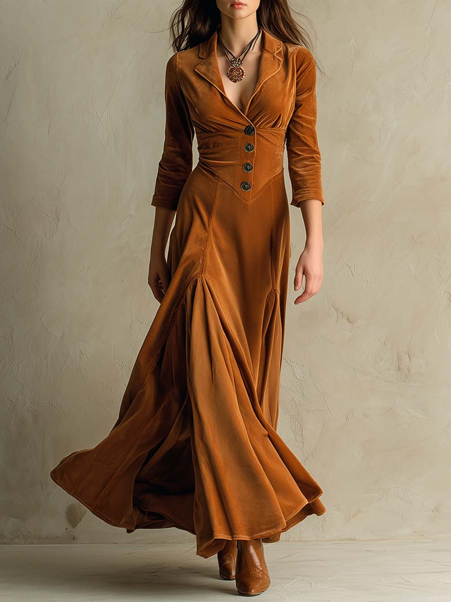 Elegant Long Brown Velvet Dress with Retro Collar