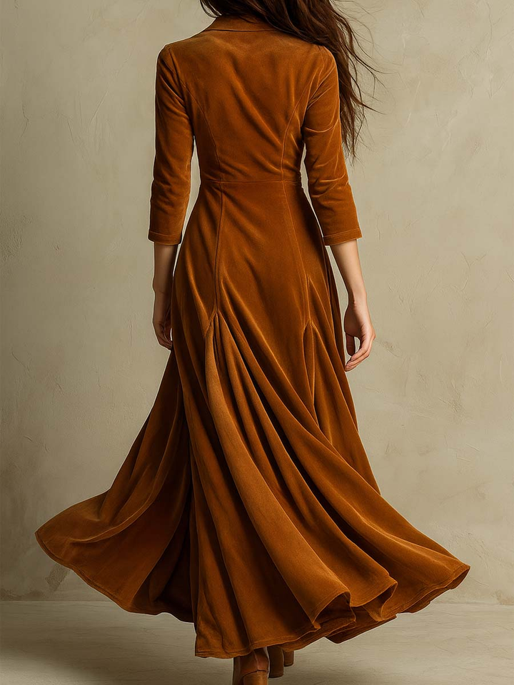 Elegant Long Brown Velvet Dress with Retro Collar