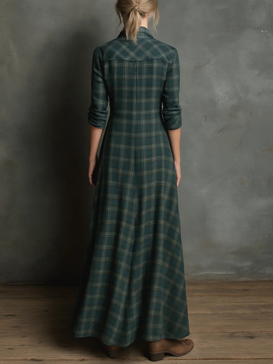 Long Button-Up Checkered Shirt Dress for Women