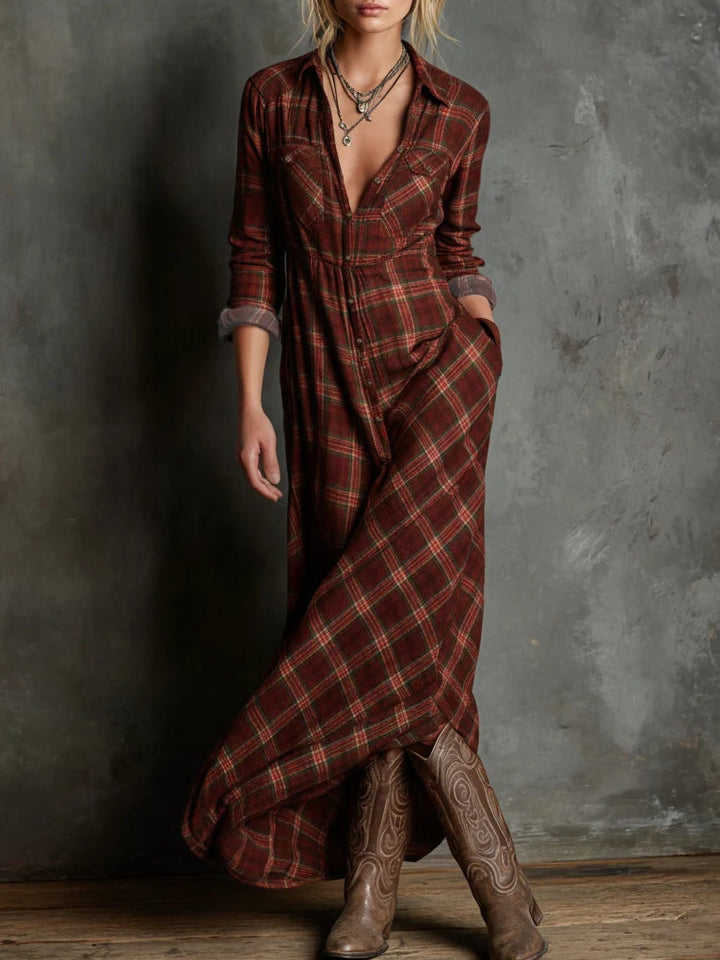 Long Button-Up Checkered Shirt Dress for Women
