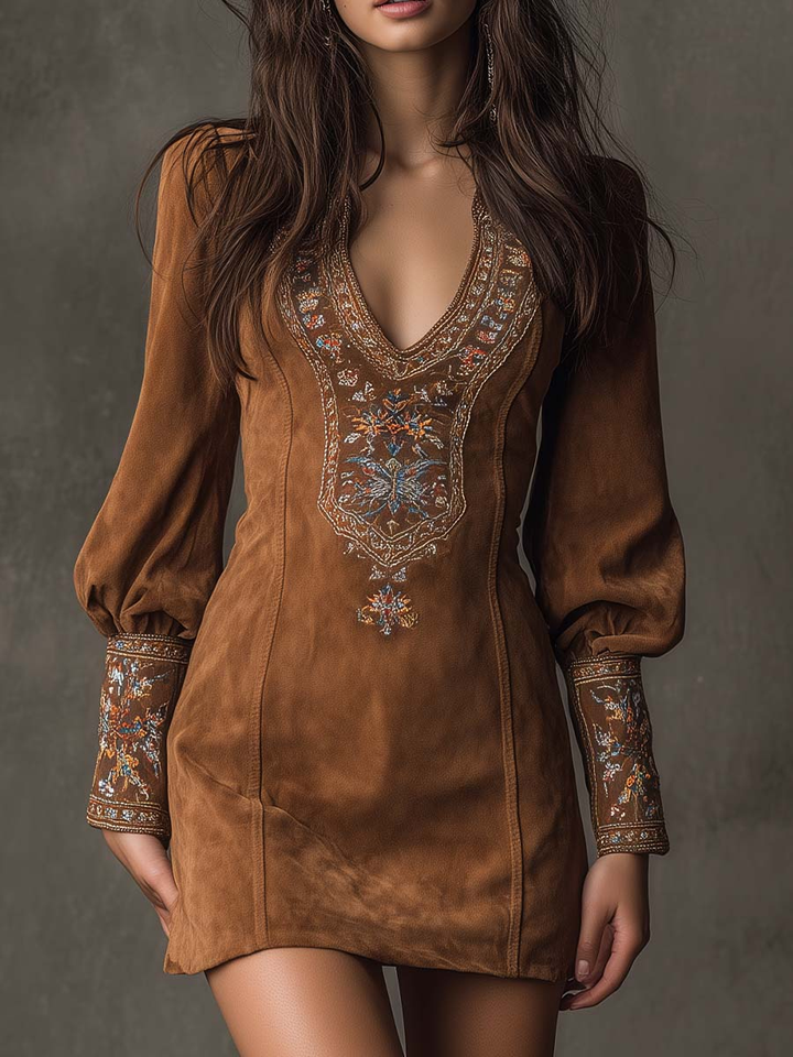Clara Vintage Brown V-Neck Suede Midi Dress - Elena Harper