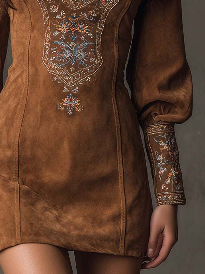 Clara Vintage Brown V-Neck Suede Midi Dress - Elena Harper