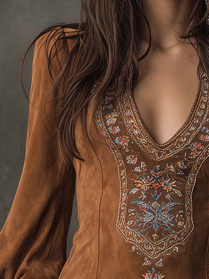 Clara Vintage Brown V-Neck Suede Midi Dress - Elena Harper
