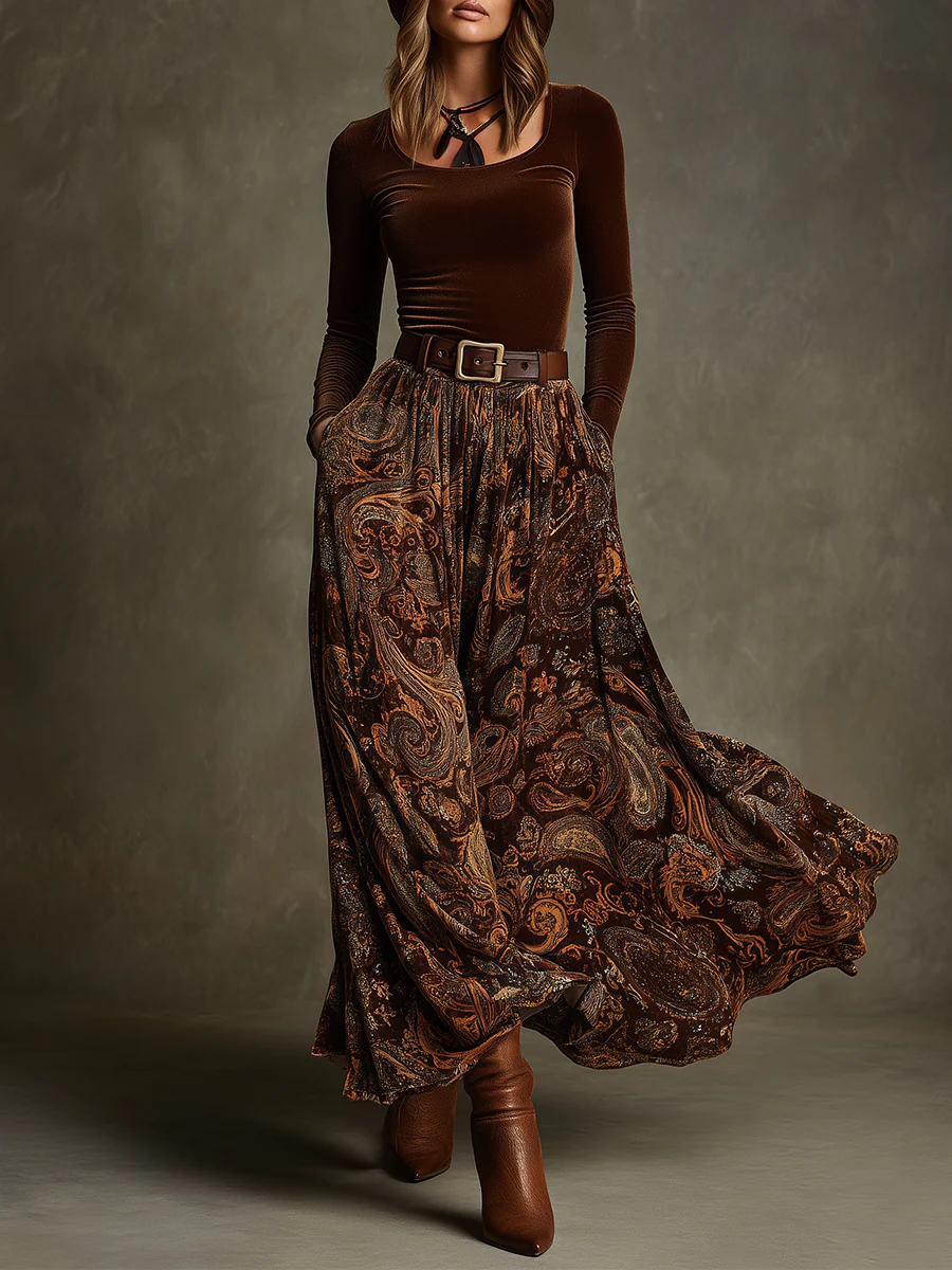Amara Velvet Top and Paisley Maxi Skirt Set - Elena Harper