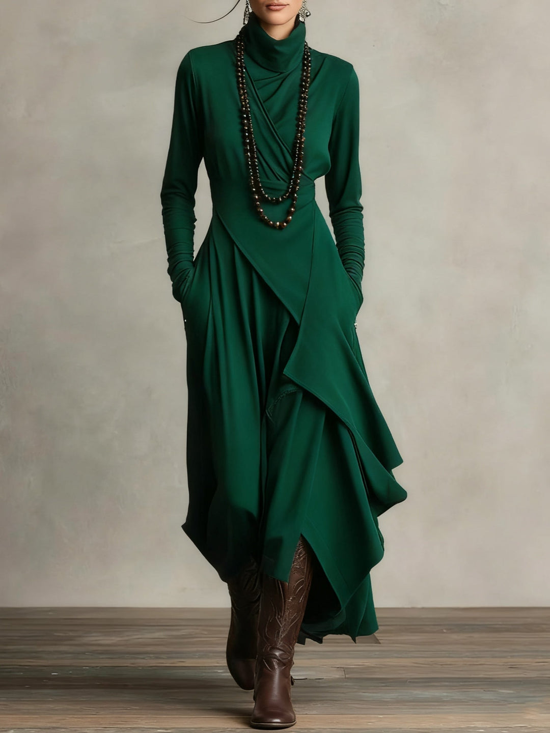Solmira | Asymmetrical Pleated Maxi Dress with High Neck