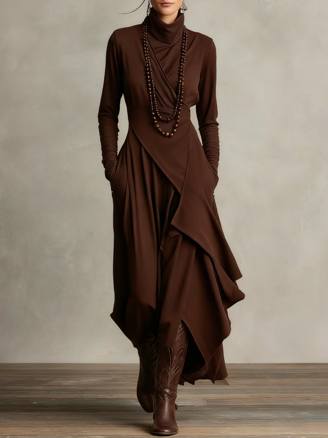 Solmira | Asymmetrical Pleated Maxi Dress with High Neck