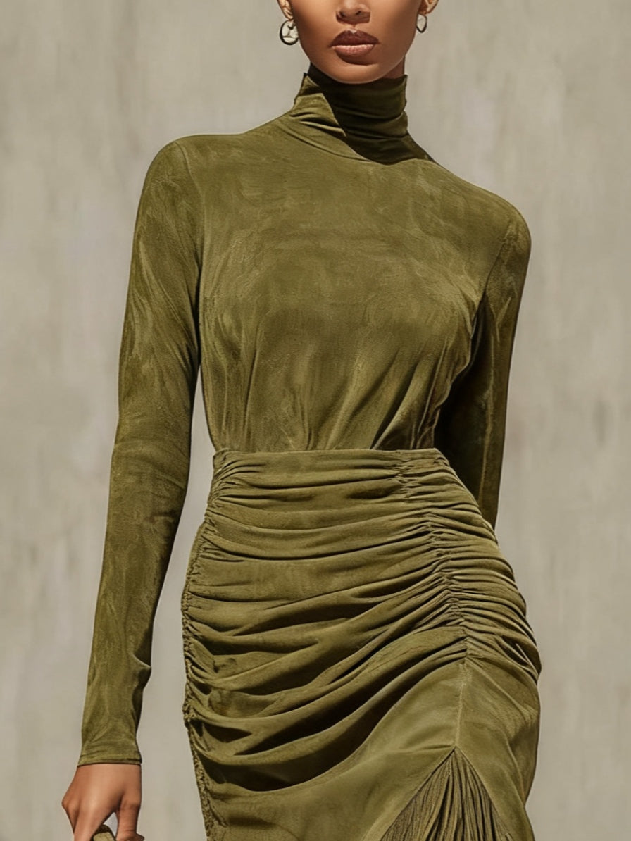 Kessia - Turtleneck Long Sleeve Tassel Dress