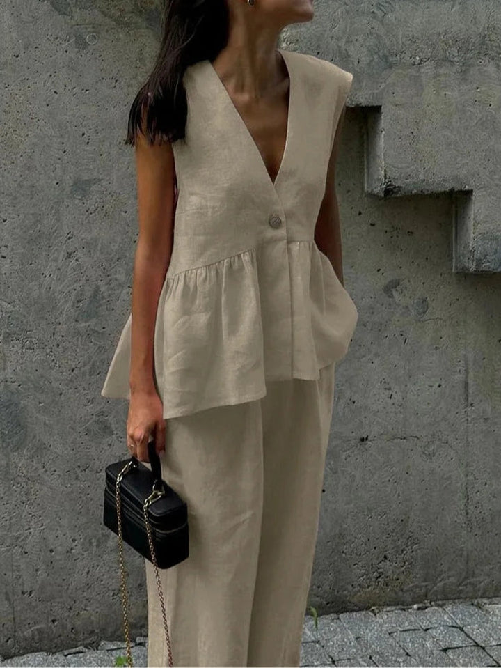 Lila Two-Piece V-Neck Set with Ruffles, view 10 - Elena Harper