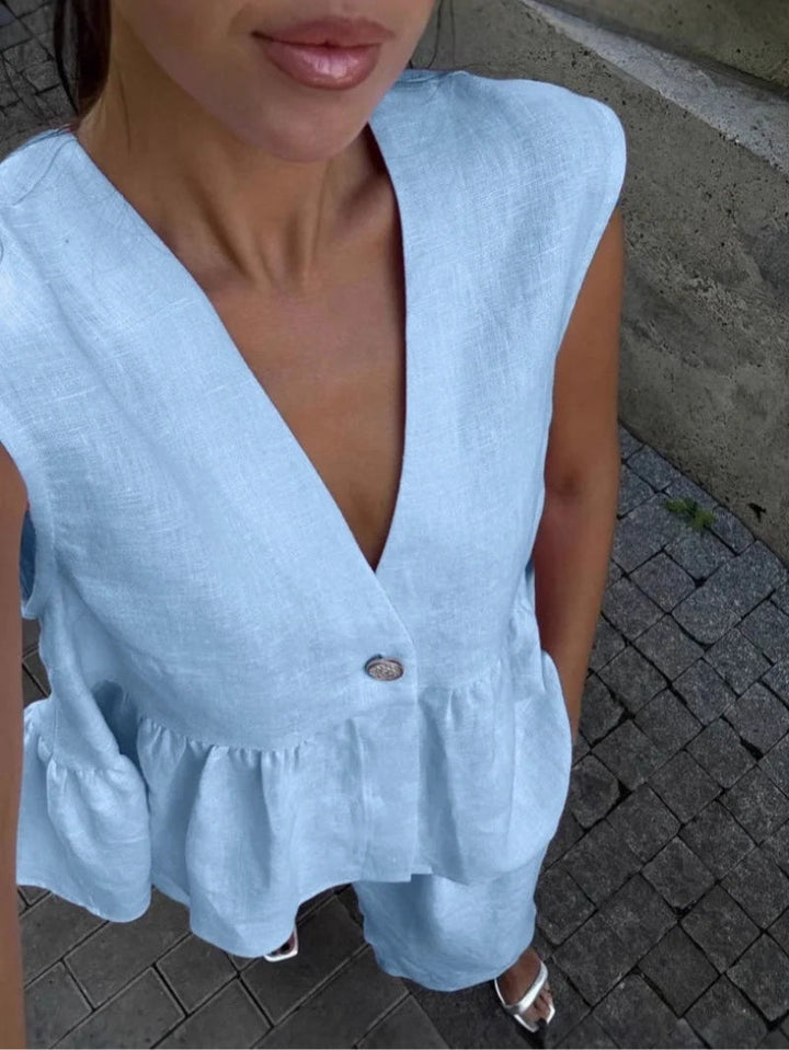 Lila Two-Piece V-Neck Set with Ruffles, view 6 - Elena Harper