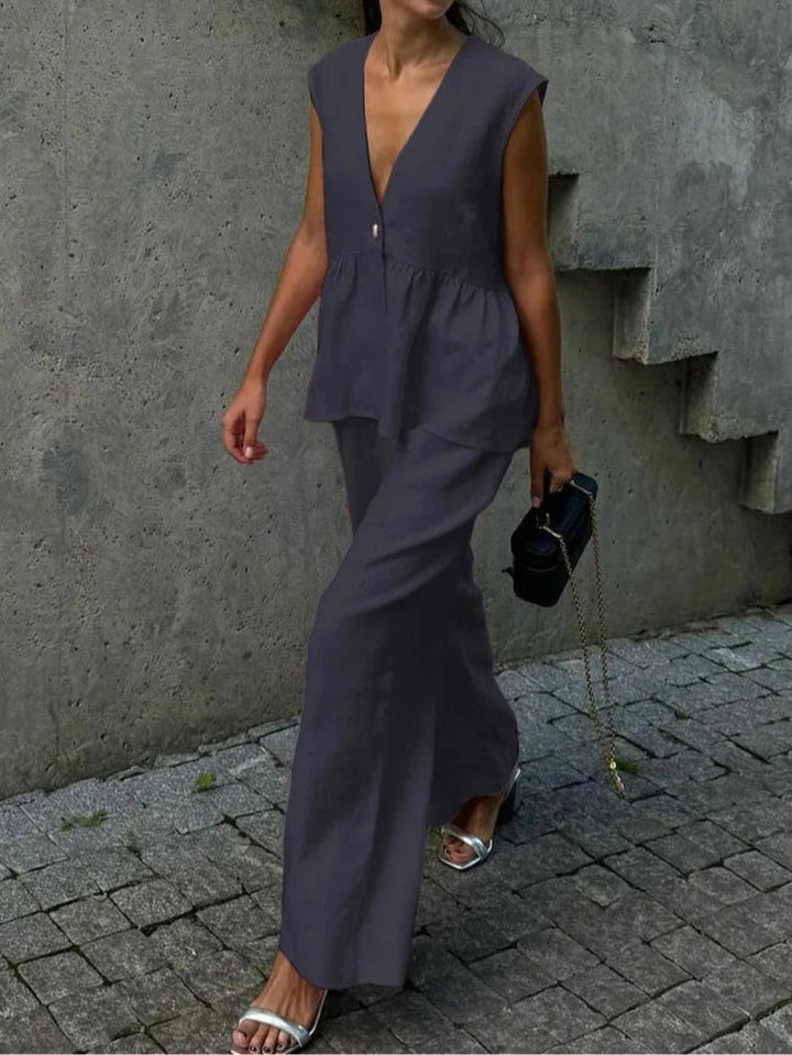 Lila Two-Piece V-Neck Set with Ruffles - Elena Harper