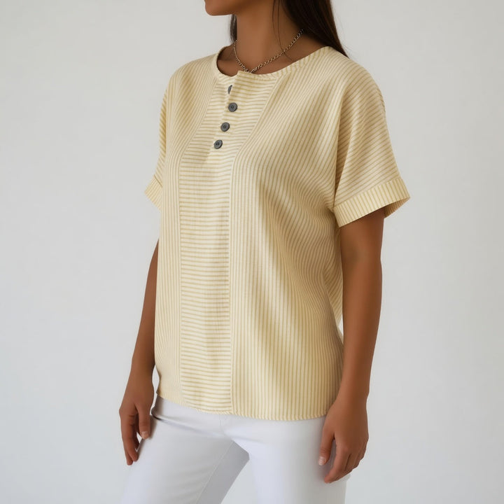 Women's Striped Linen Button-Up Short Sleeve Round Neck Summer Blouse