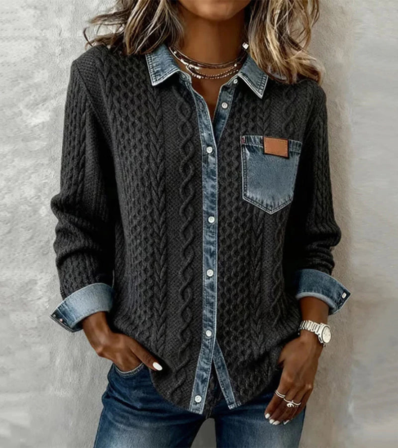 Bibianna - Long Sleeve Shirt With Denim Patchwork