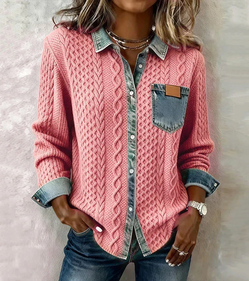 Ashley | Patchwork Knit Top with Denim Details