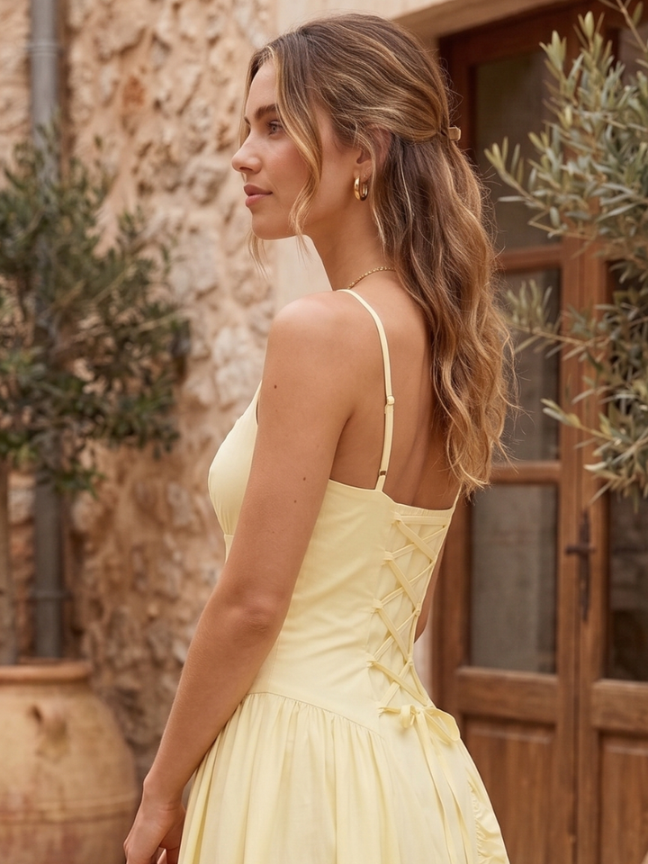 Women's Lemon Babydoll Corset Midi Dress with Spaghetti Straps