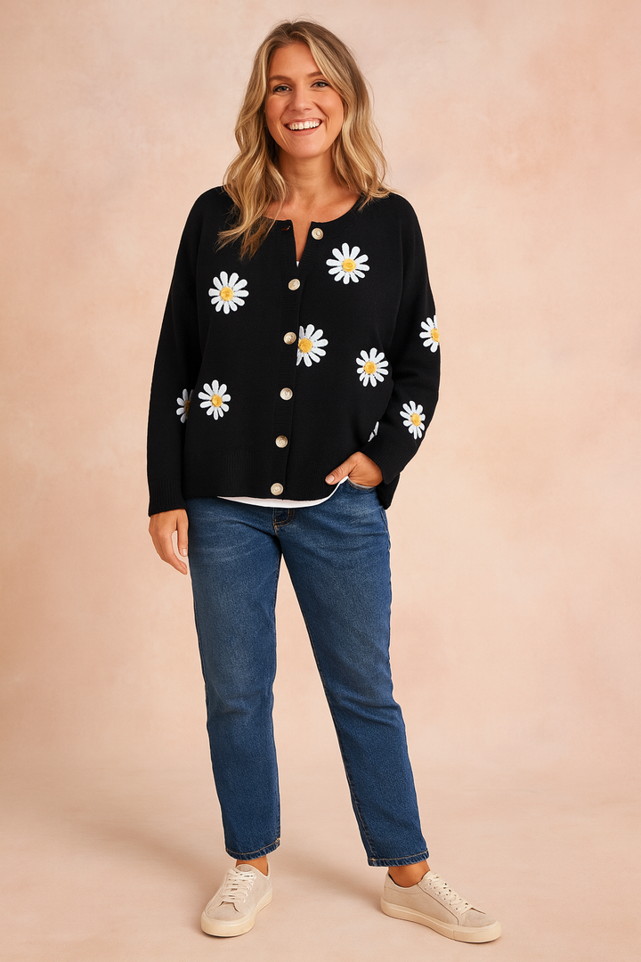 Zofia Floral pattern cardigan with buttons, view 3 - Elena Harper