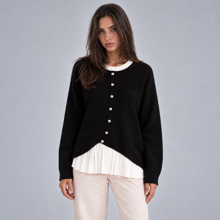 Montarello Women's Layered Knit Cardigan with Pleated Hem, Button Front