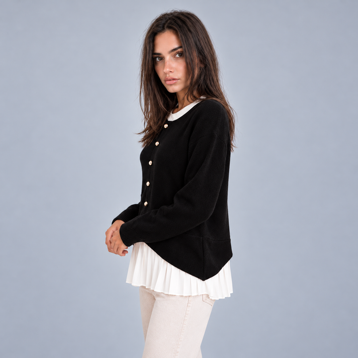 Montarello Women's Layered Knit Cardigan with Pleated Hem, Button Front