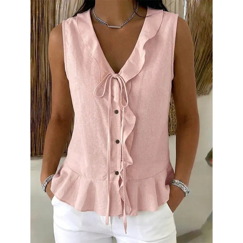 Brigela Airy Cotton Top with Tie and Ruffled Hem, view 3 - Elena Harper
