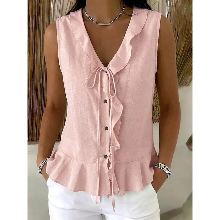 Brigela Airy Cotton Top with Tie and Ruffled Hem, view 3 - Elena Harper