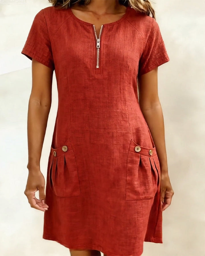 Short Linen and Cotton Dress with Zipper Closure Elegant A-Line Cut - Elena Harper