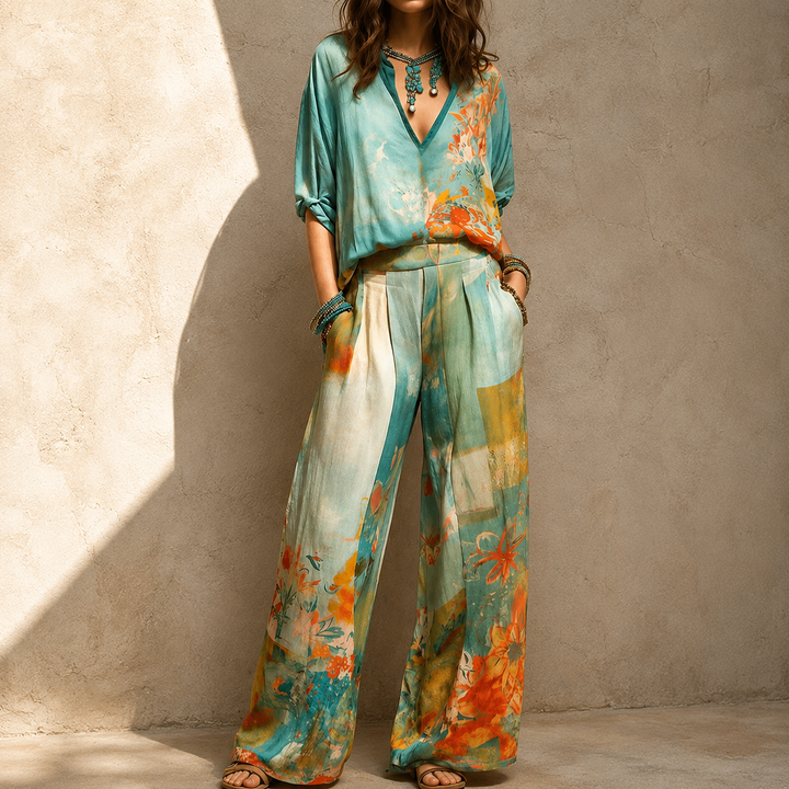 Women's Floral Print Outfit with Wide-Leg Pants - Chic and Refined