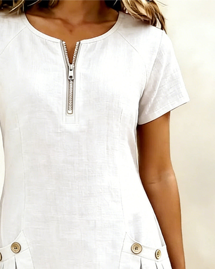 Short Linen and Cotton Dress with Zipper Closure Elegant A-Line Cut - Elena Harper