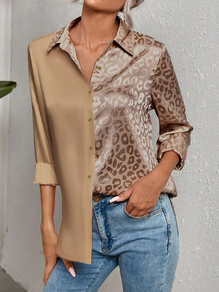 Gwendolyn Bicolor Satin Button-Up Shirt with Leopard Print, view 4 - Elena Harper