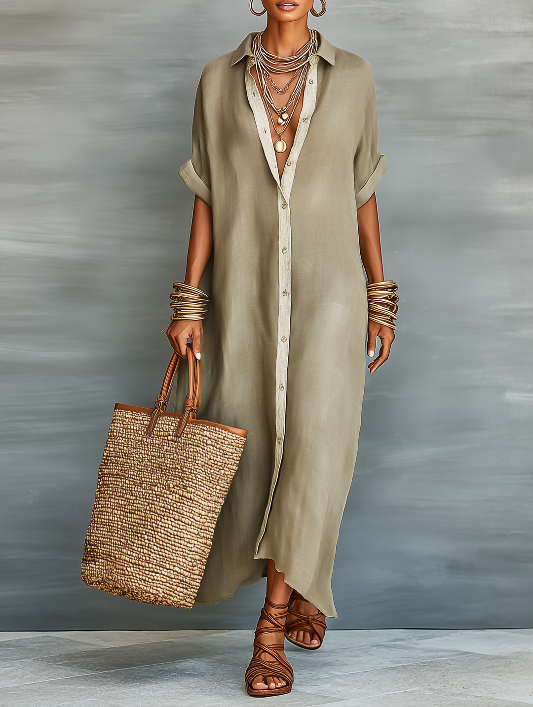 Women's Minimalist Linen Maxi Dress with Short Sleeves - Elena Harper