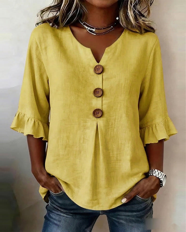 Janet V-Neck Blouse with Wooden Buttons and Ruffled Sleeves - Elena Harper
