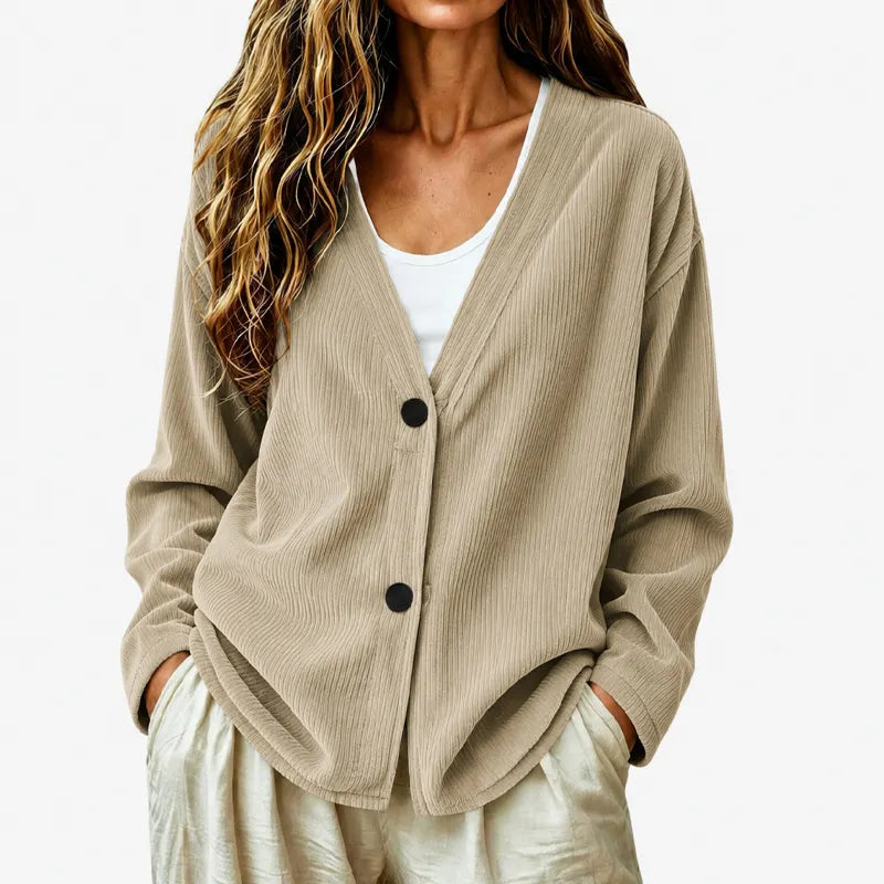 Women's Ribbed Buttoned V-Neck Cardigan, view 5 - Elena Harper