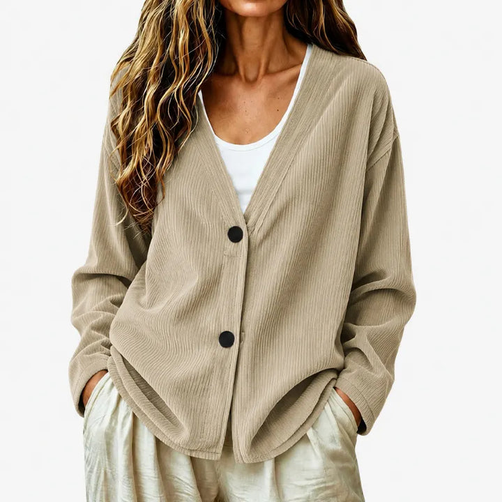 Women's Ribbed Buttoned V-Neck Cardigan, view 5 - Elena Harper