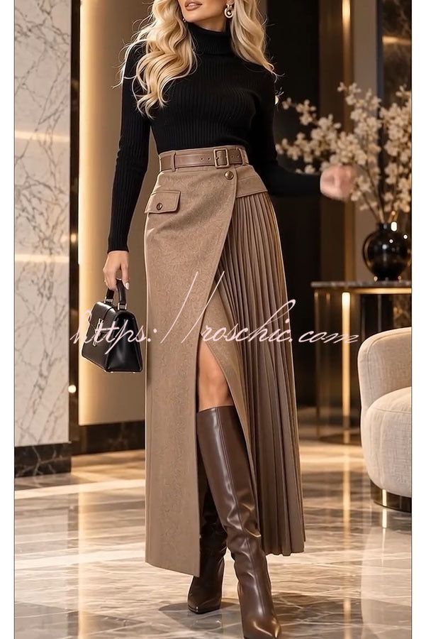 Distinctive Style High Rise Pocketed Pleated Hem Slit Maxi Skirt