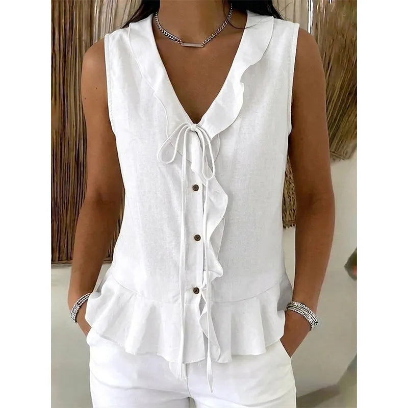 Brigela Airy Cotton Top with Tie and Ruffled Hem - Elena Harper