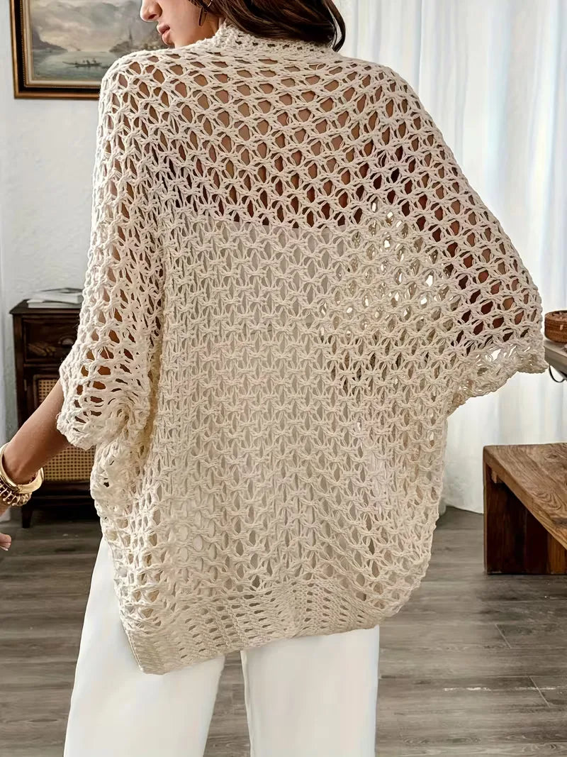 Women’s Crochet Cardigan - Light Beige Openwork Knit