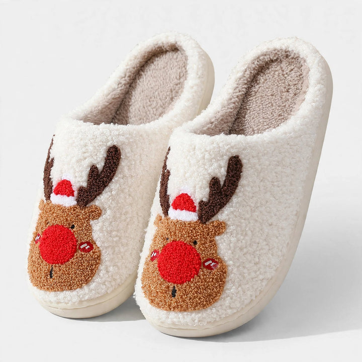 Reindeer Cheer | Cream Reindeer Print Christmas Slippers For Women