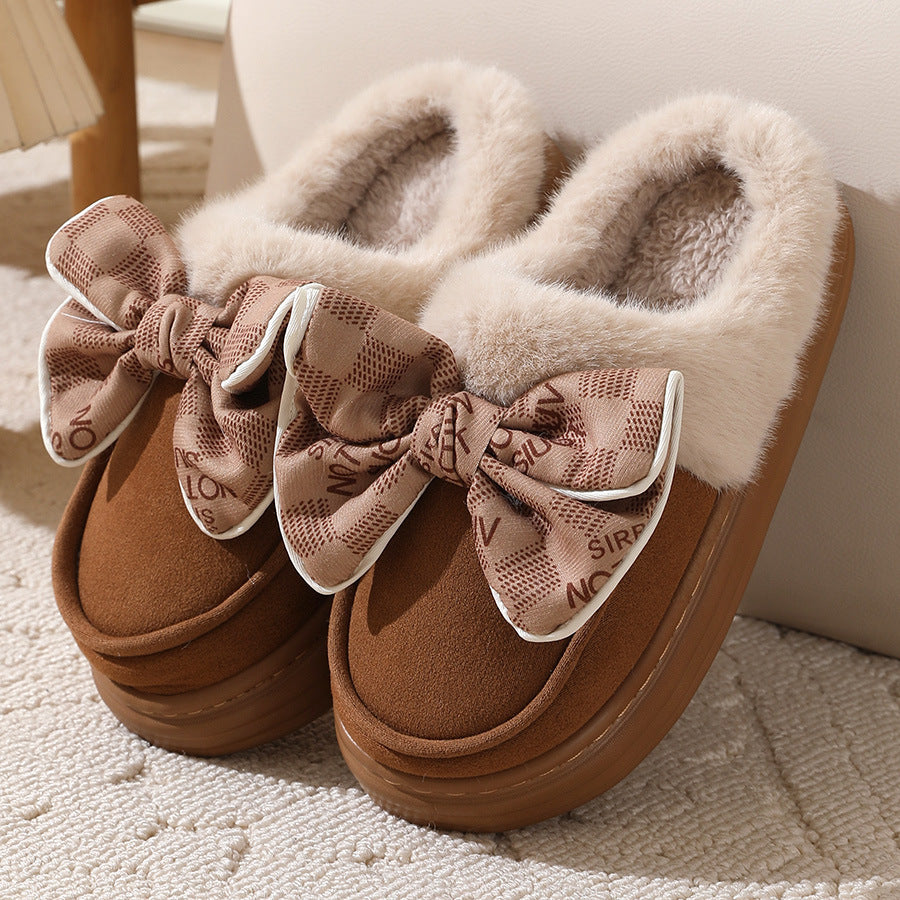 Women's Home Slippers with Fuzzy Effect and Decorative Bow - Mairene